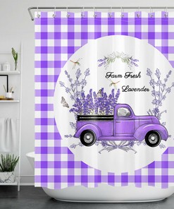 Dragonfly Plaid Lavender Truck Purple Shower Curtain Set, Rustic Bathroom Decor with Floral Detail