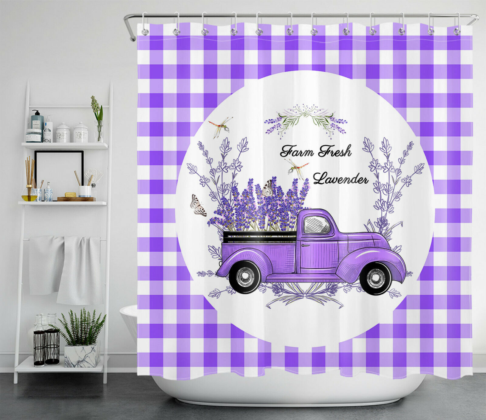 Dragonfly Plaid Lavender Truck Purple Shower Curtain Set, Rustic Bathroom Decor with Floral Detail
