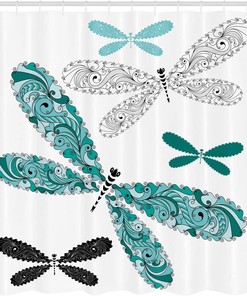 Dragonfly Shower Curtain, Teal and Turquoise Print, Waterproof Fabric Design