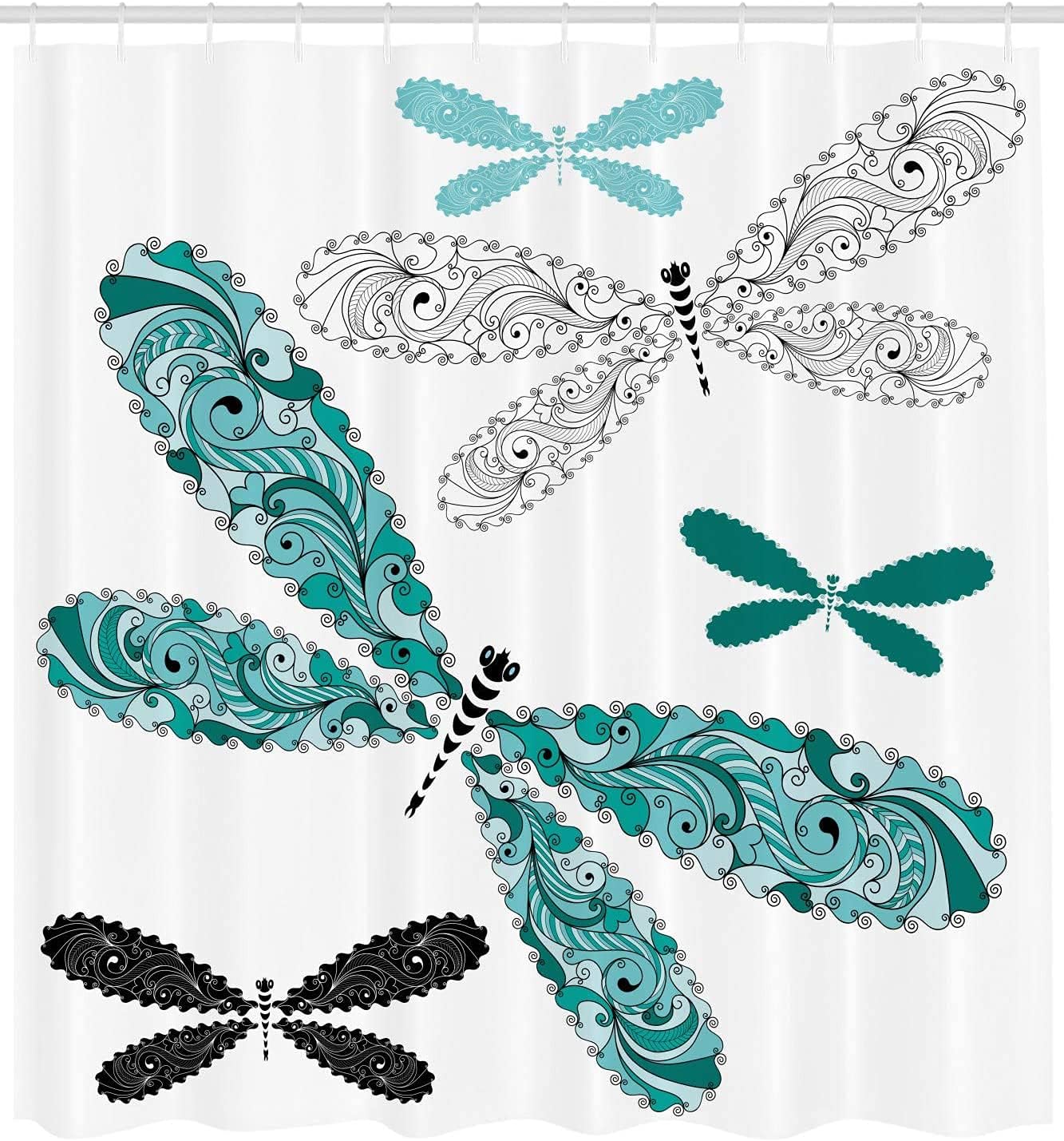 Dragonfly Shower Curtain, Teal and Turquoise Print, Waterproof Fabric Design