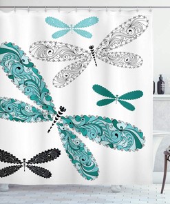 Dragonfly Shower Curtain, Teal and Turquoise Print, Waterproof Fabric Design