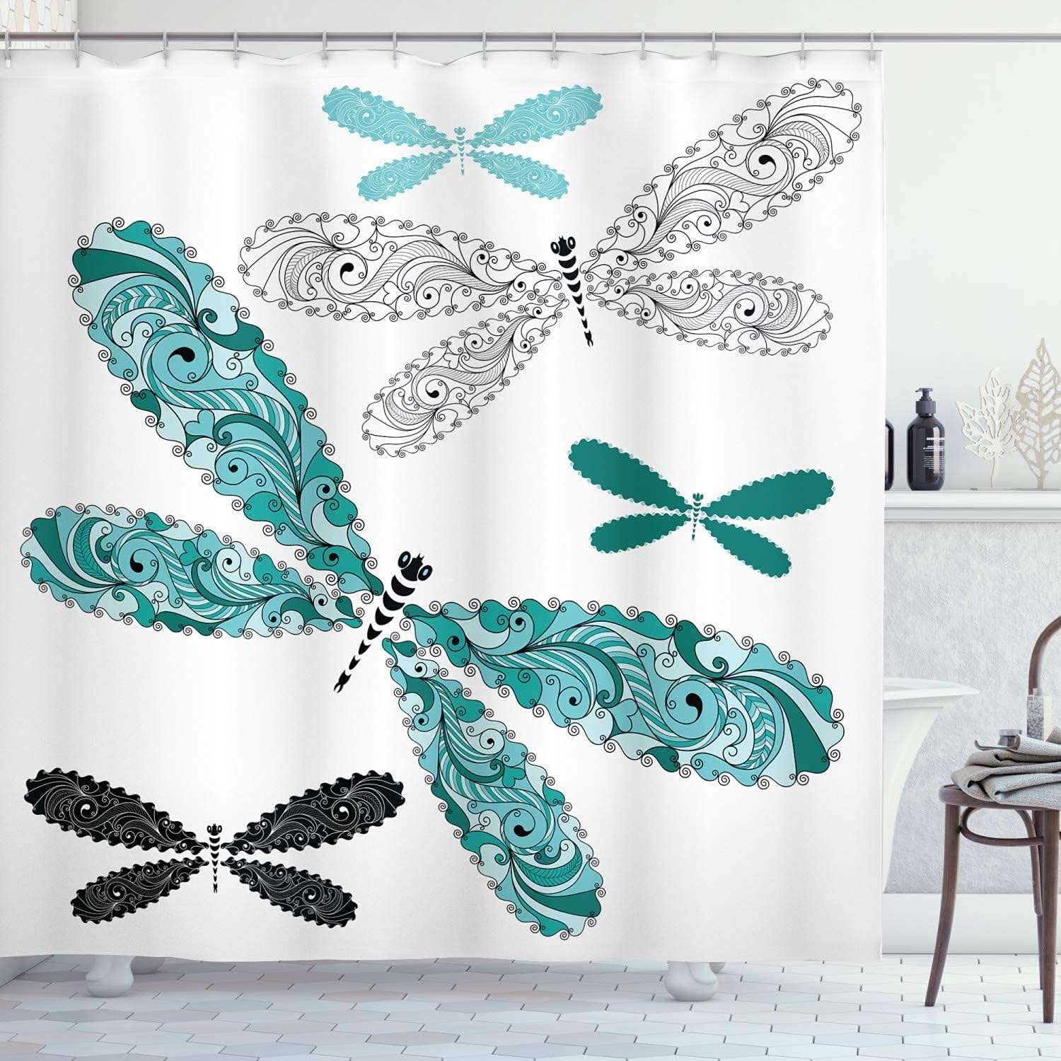 Dragonfly Shower Curtain, Teal and Turquoise Print, Waterproof Fabric Design