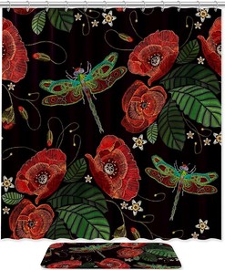 Dragonfly Shower Curtain With Red Poppies Design