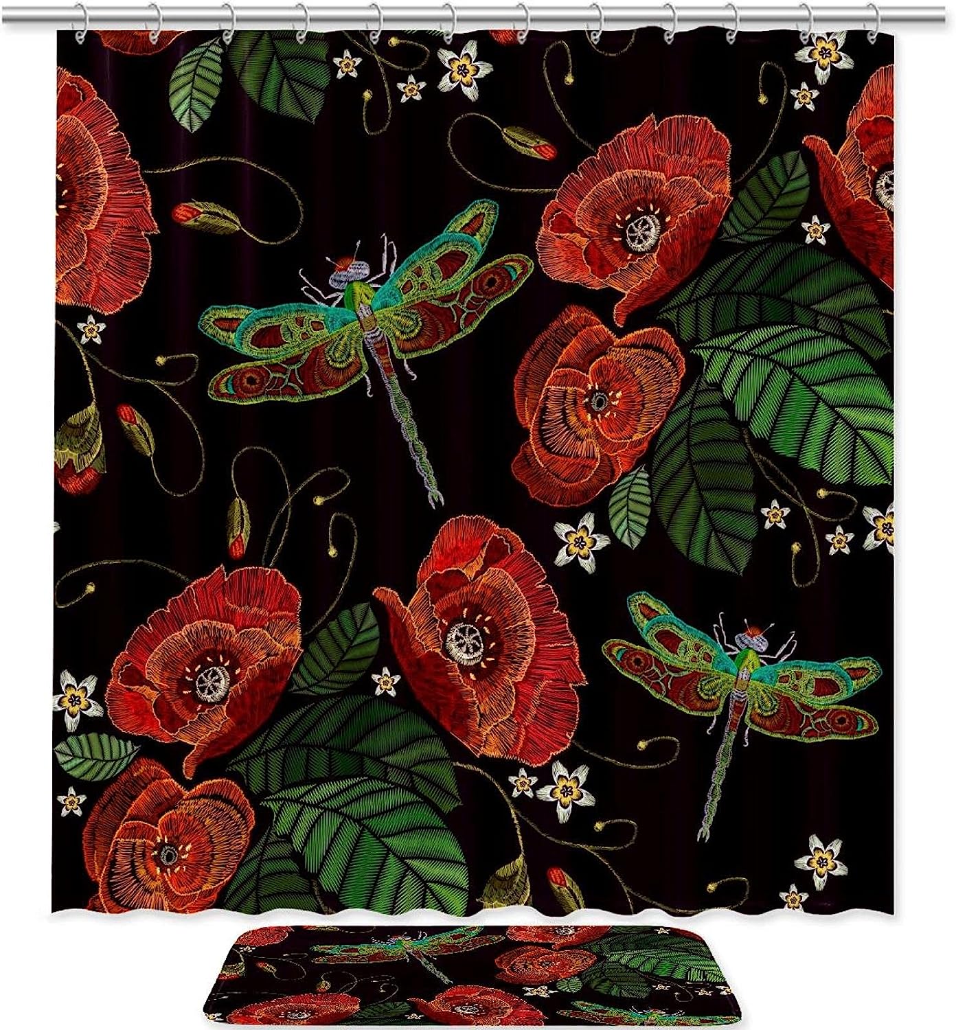 Dragonfly Shower Curtain With Red Poppies Design