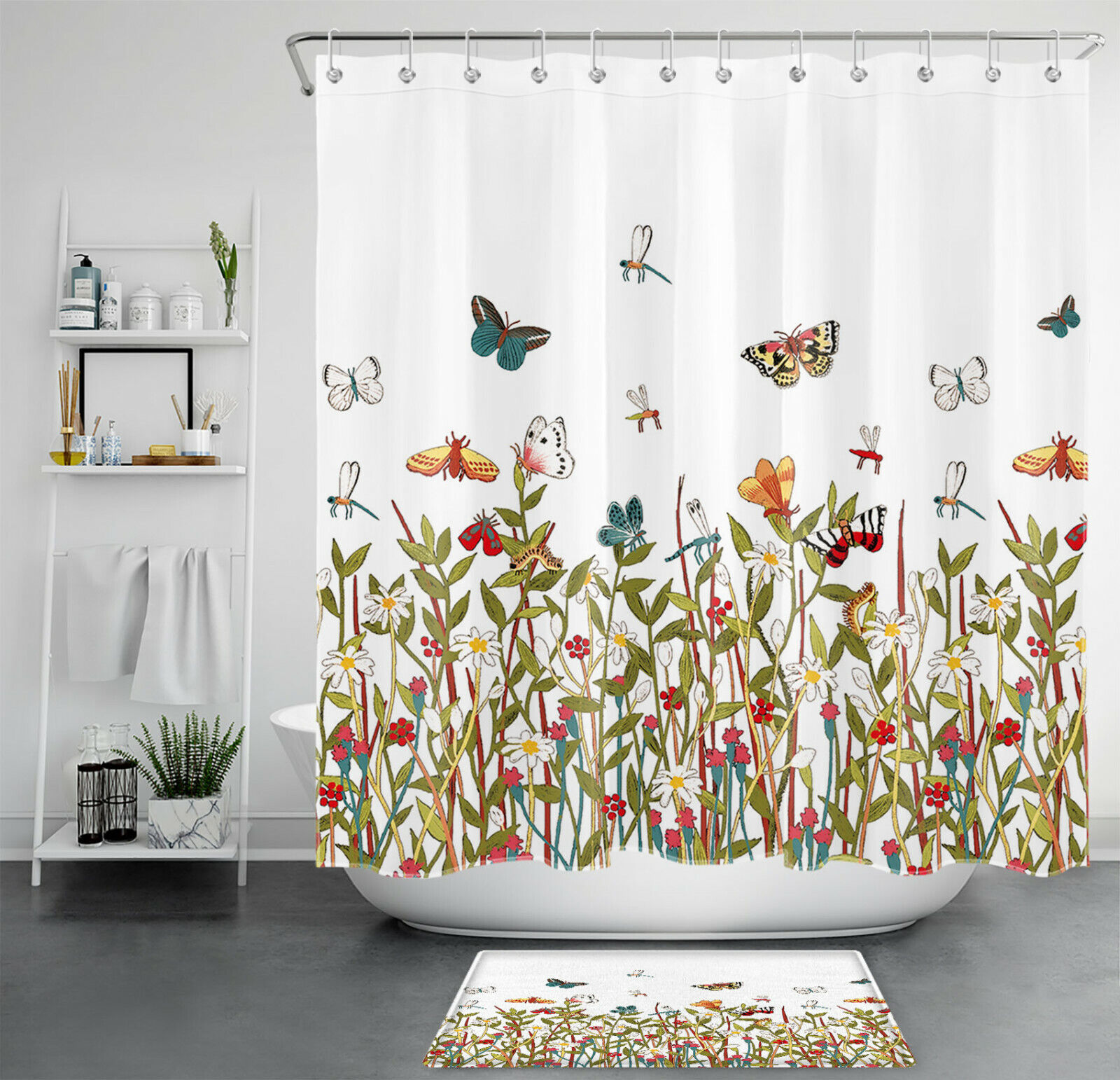 Dragonfly Shower Curtain With Rustproof Hooks For Nature Bathroom Decor