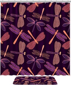 Dragonfly Silhouette Shower Curtain With Matching Mat For Bathroom