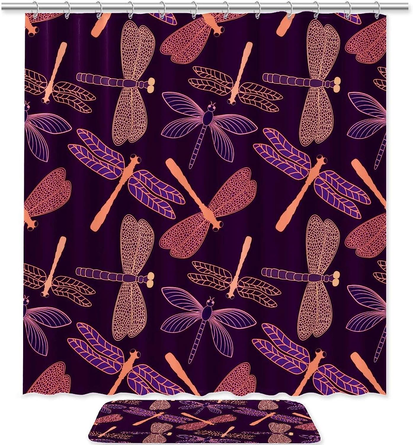 Dragonfly Silhouette Shower Curtain With Matching Mat For Bathroom