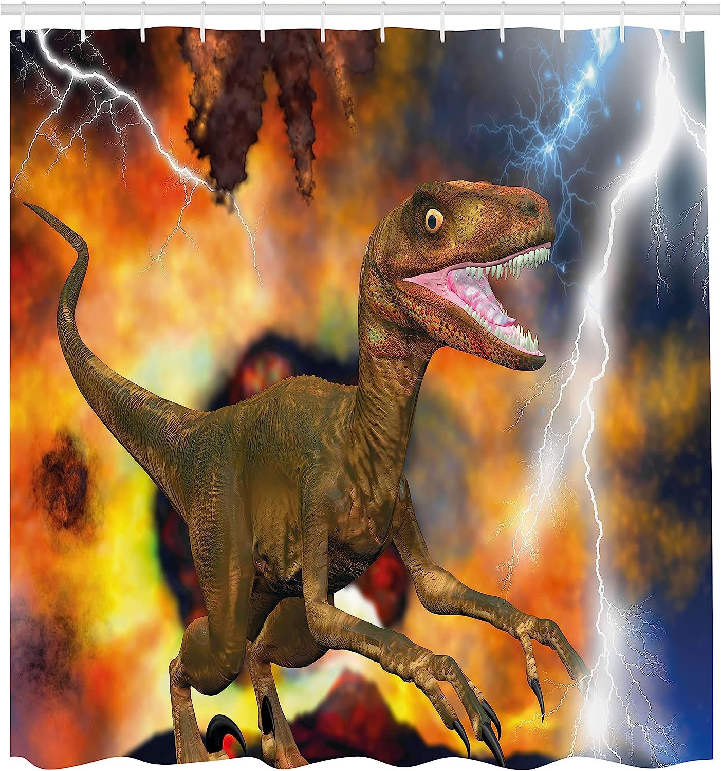 Dramatic Catastrophe Destruction Background With Allosaurus Fragilis Illustration Dinosaur Shower Curtain - Image 2