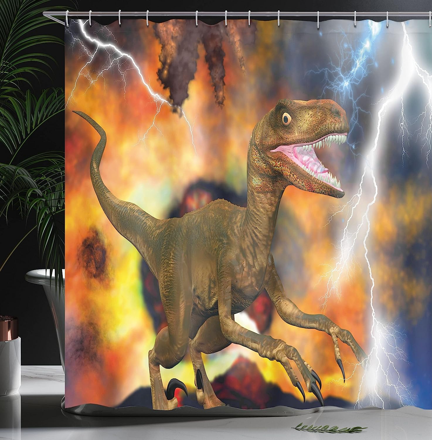 Dramatic Catastrophe Destruction Background With Allosaurus Fragilis Illustration Dinosaur Shower Curtain - Image 3