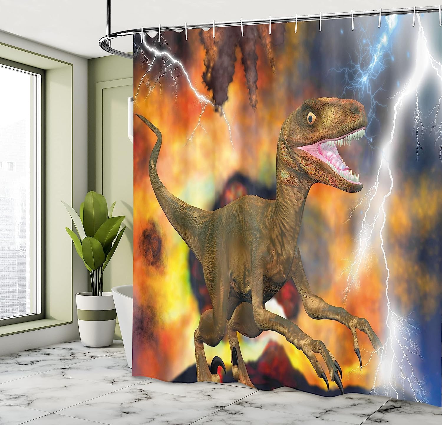 Dramatic Catastrophe Destruction Background With Allosaurus Fragilis Illustration Dinosaur Shower Curtain - Image 4