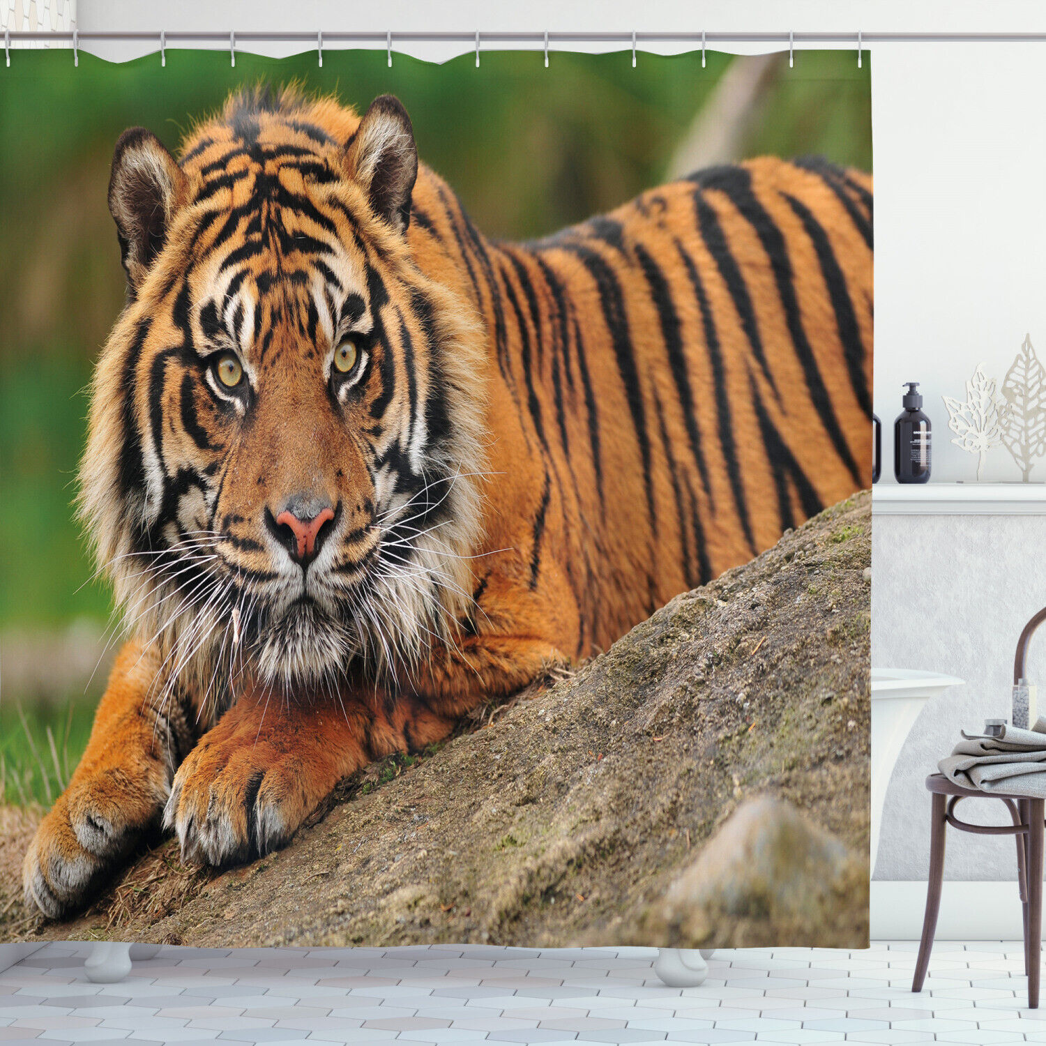 Dramatic Tiger Crouching on Rock Shower Curtain for Your Bathroom