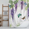 Draping Leaves And Purple Flowers Dragonfly Shower Curtain, Floral Print Bathroom Decor, Butterflies Print