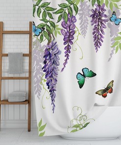 Draping Leaves And Purple Flowers Dragonfly Shower Curtain, Floral Print Bathroom Decor, Butterflies Print