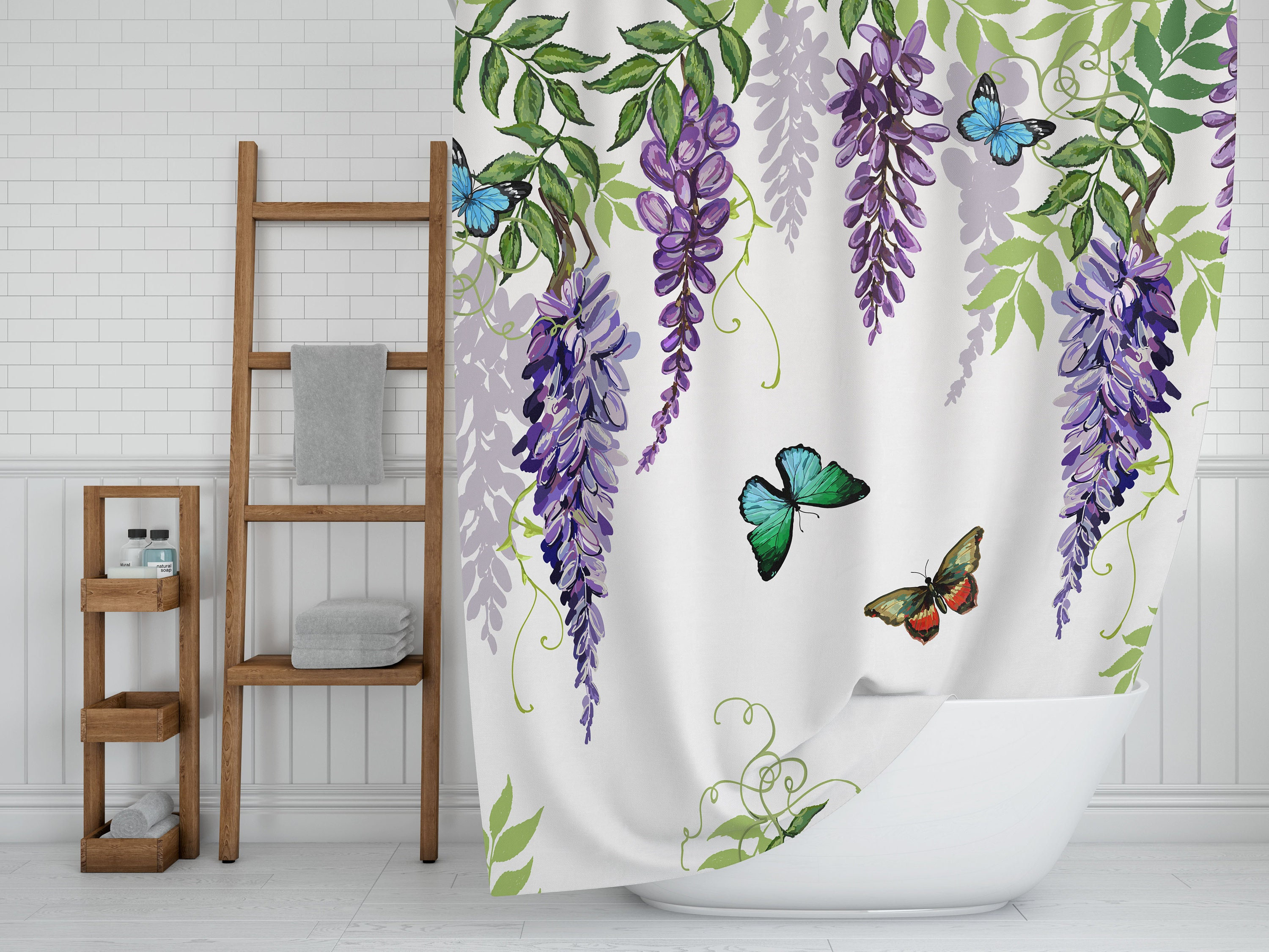 Draping Leaves And Purple Flowers Dragonfly Shower Curtain, Floral Print Bathroom Decor, Butterflies Print