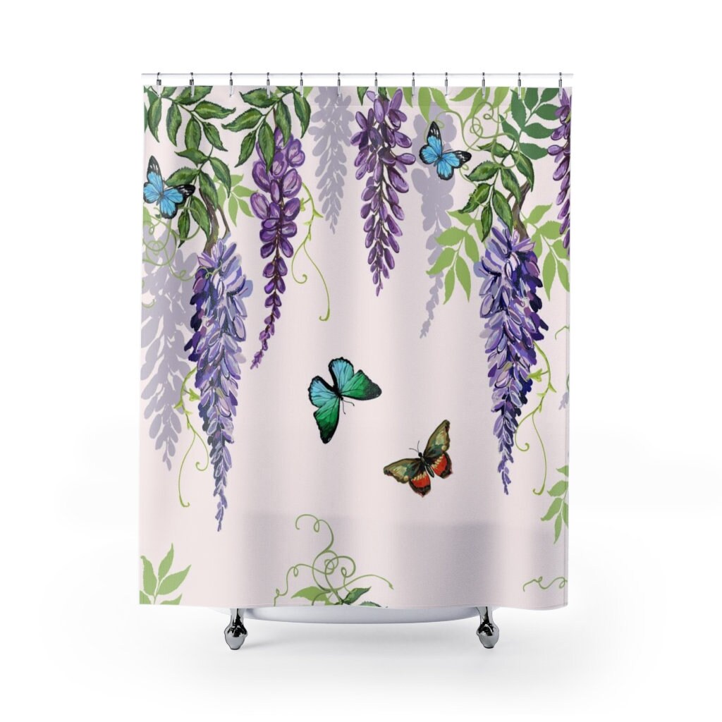 Draping Leaves And Purple Flowers Dragonfly Shower Curtain, Floral Print Bathroom Decor, Butterflies Print - Image 2