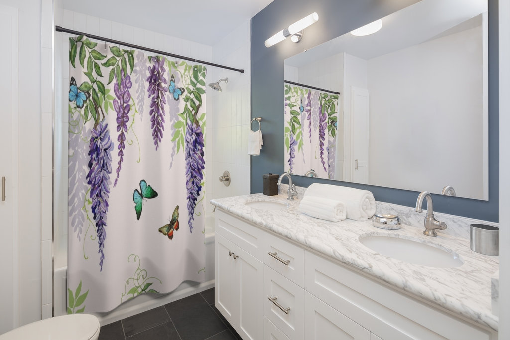 Draping Leaves And Purple Flowers Dragonfly Shower Curtain, Floral Print Bathroom Decor, Butterflies Print - Image 3