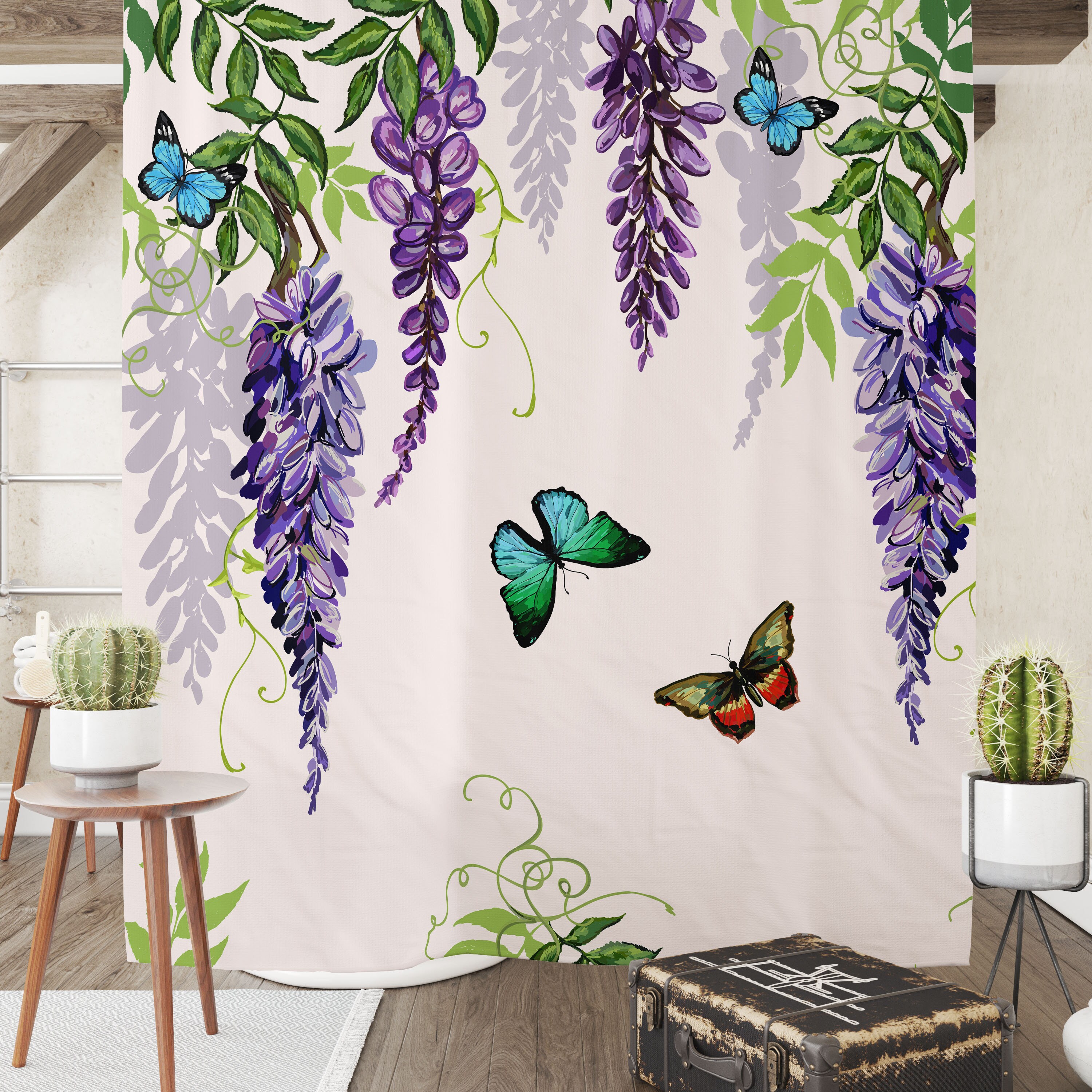 Draping Leaves And Purple Flowers Dragonfly Shower Curtain, Floral Print Bathroom Decor, Butterflies Print - Image 4