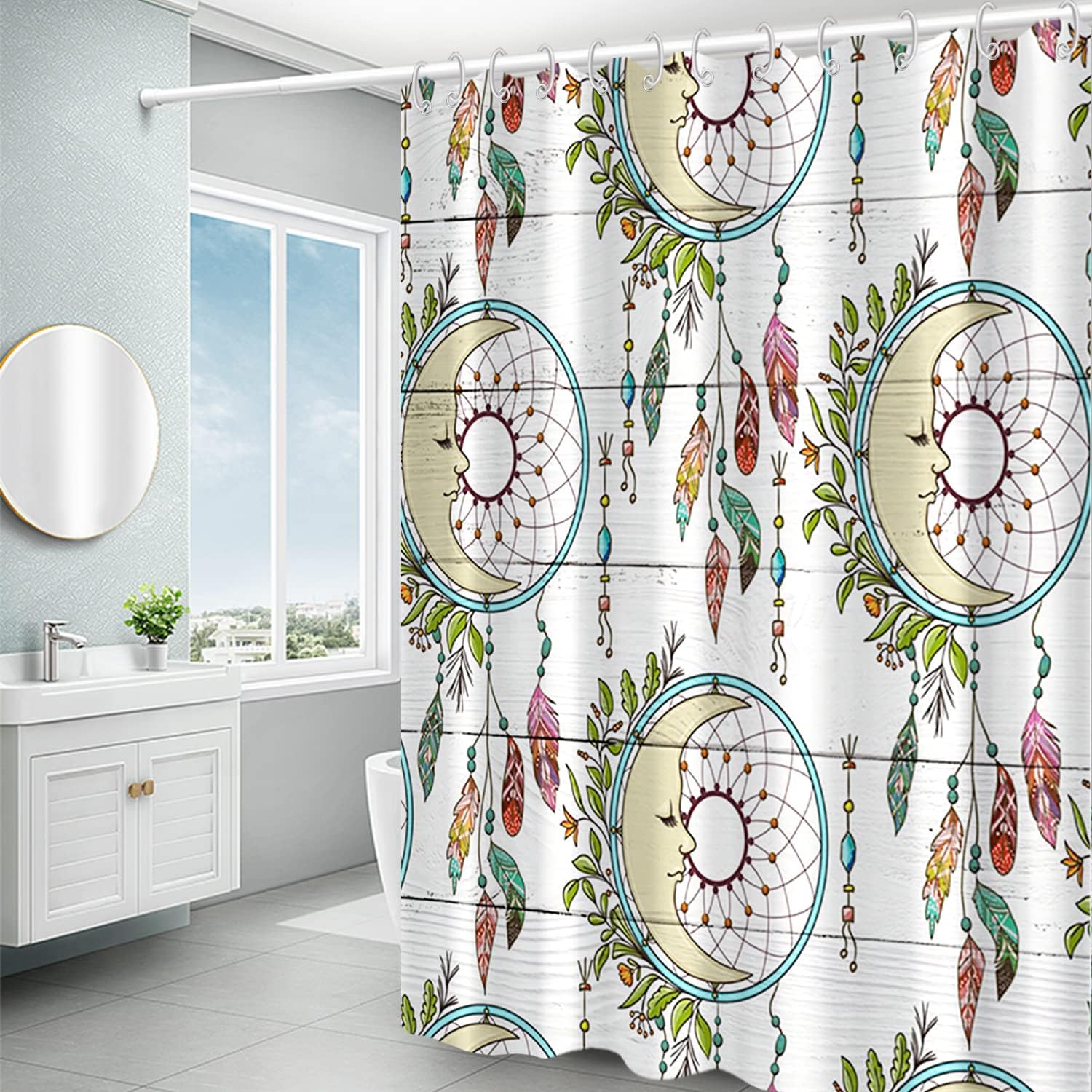 Dream Catcher Feather and White Wood Floral Shower Curtain for Bathroom Decor