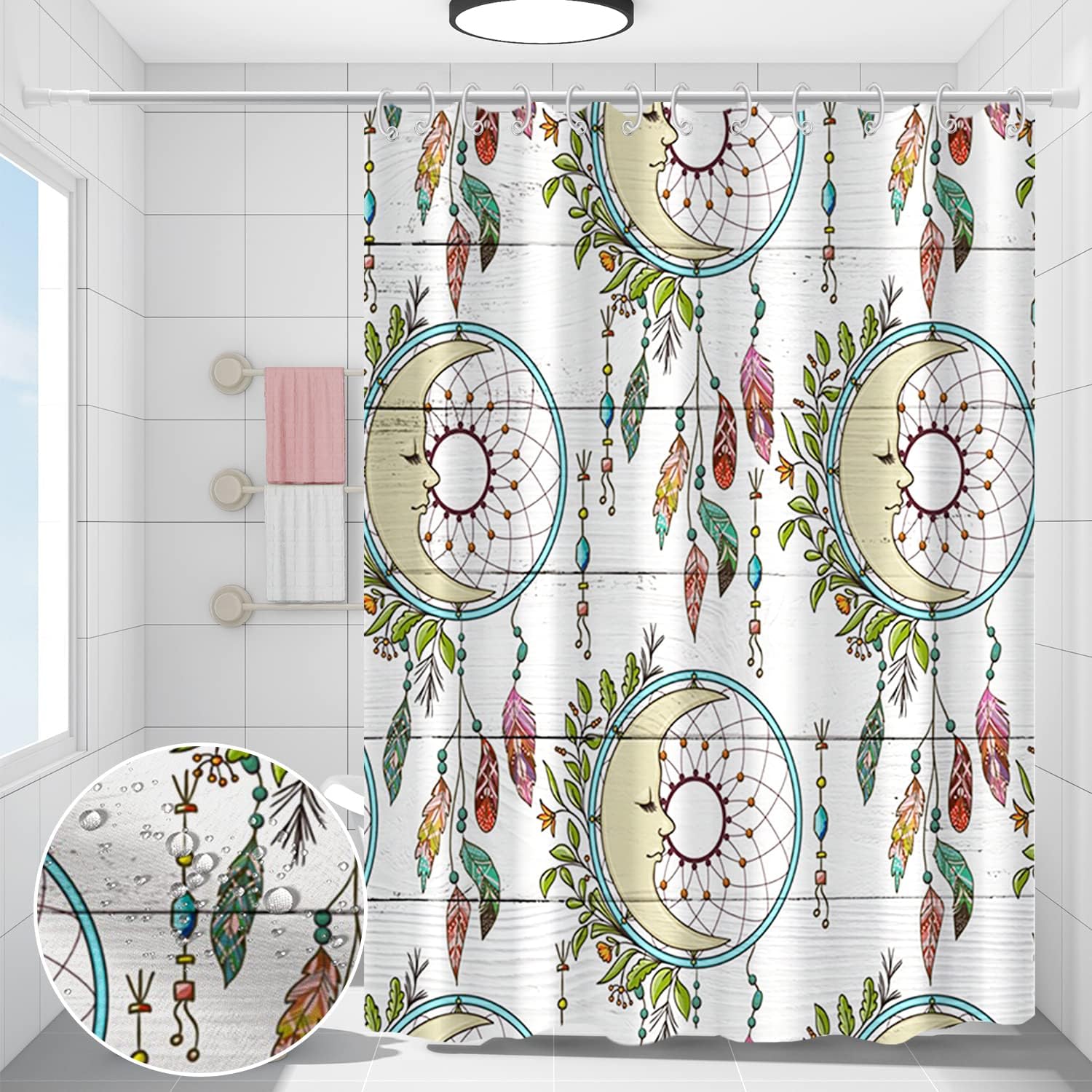 Dream Catcher Feather and White Wood Floral Shower Curtain for Bathroom Decor