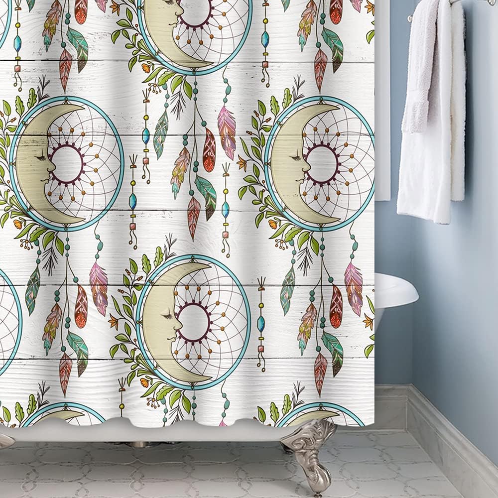 Dream Catcher Feather and White Wood Floral Shower Curtain for Bathroom Decor