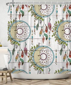 Dream Catcher Feather and White Wood Floral Shower Curtain for Bathroom Decor