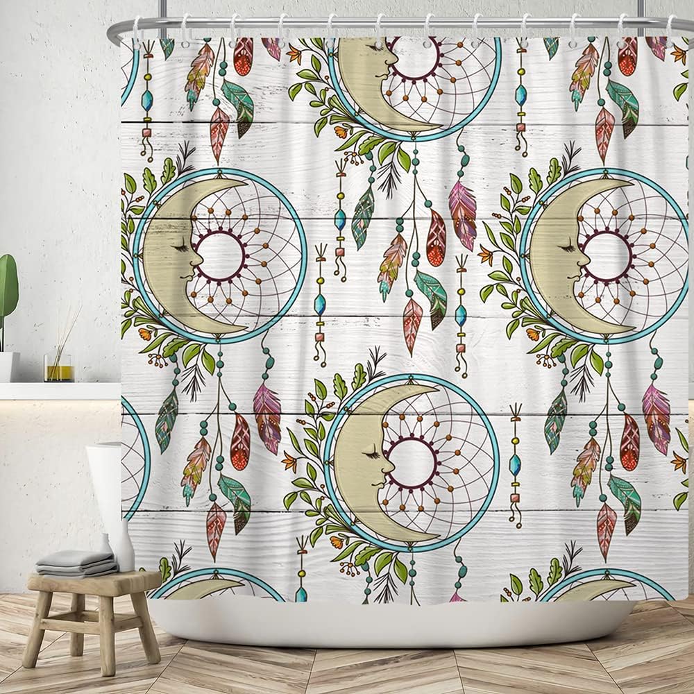 Dream Catcher Feather and White Wood Floral Shower Curtain for Bathroom Decor