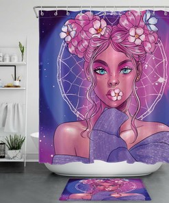 Dream Catcher Flowers Shower Curtain With African American Black Girl Design - Bathroom Decorative Fabric Curtain