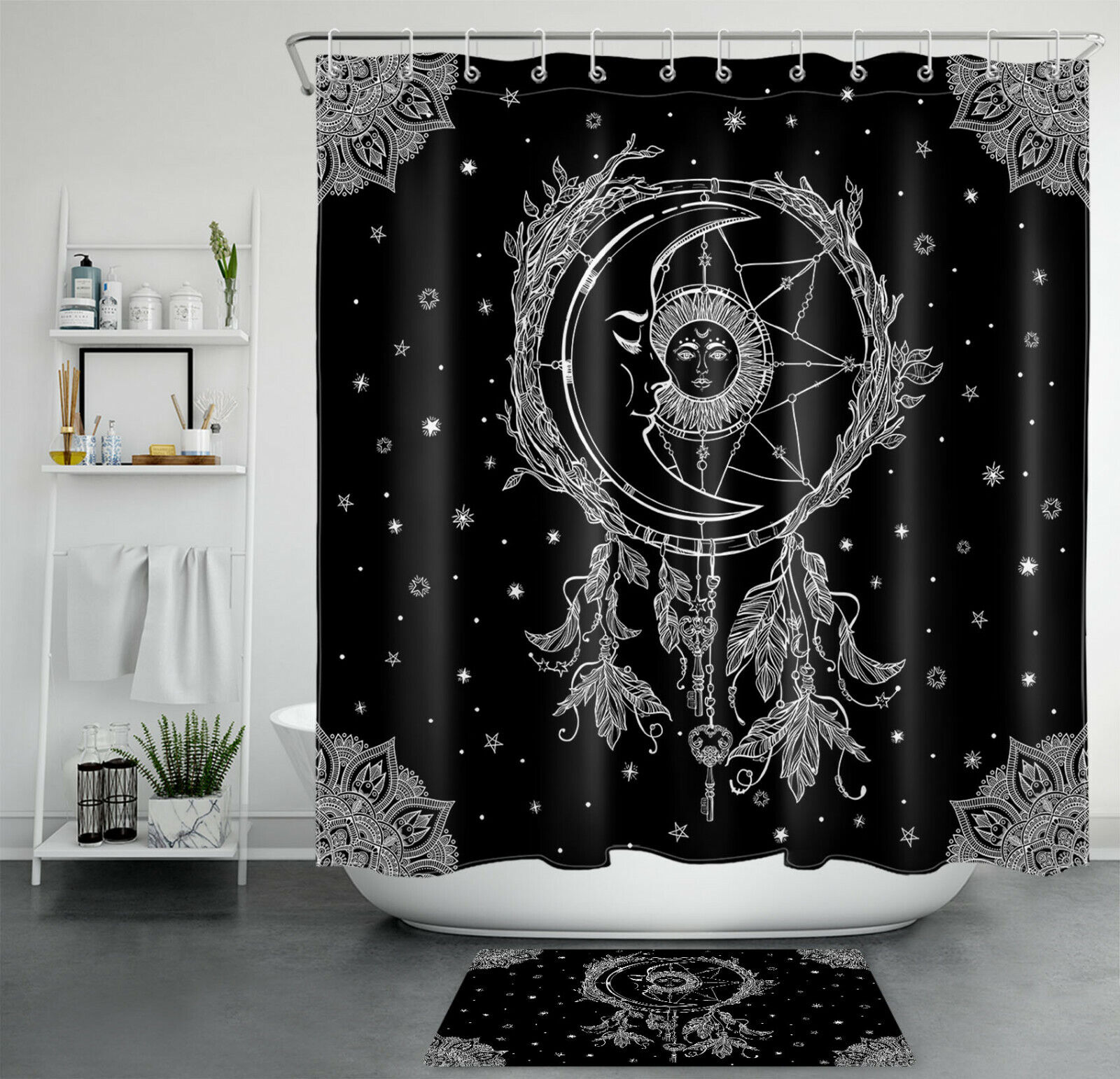 Dream Catcher Shower Curtain - Black And White Bathroom Decor With Boho And Space Style