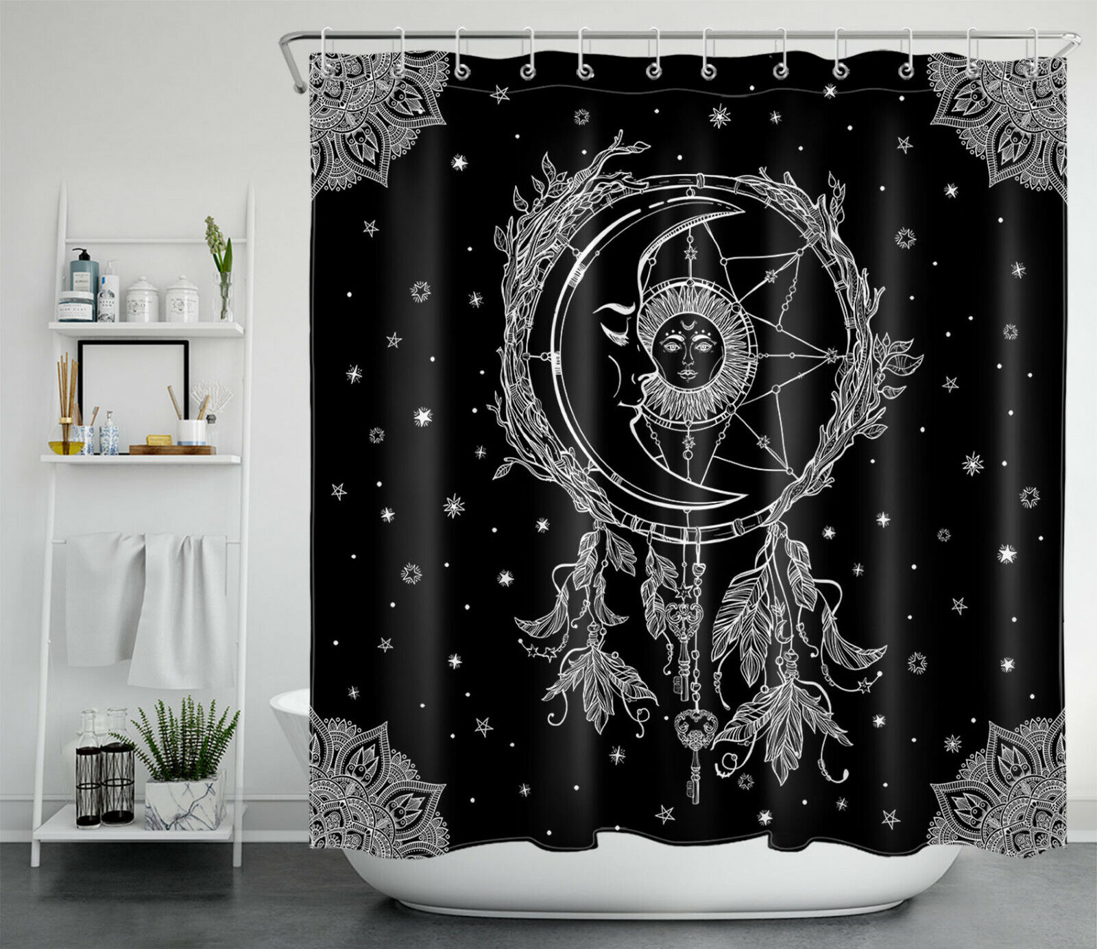 Dream Catcher Shower Curtain - Black And White Bathroom Decor With Boho And Space Style - Image 2
