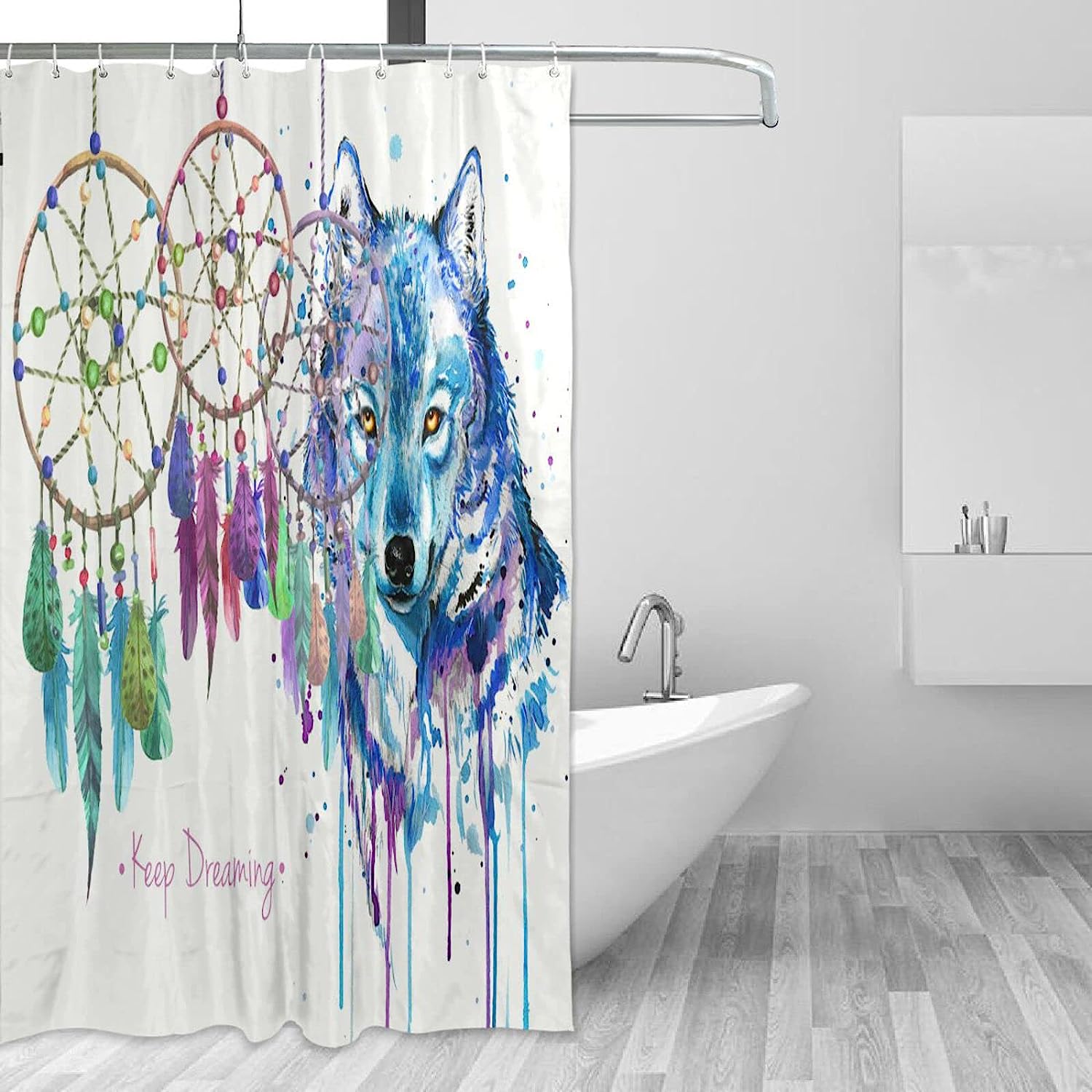 Dream Catcher and Wolf Print Waterproof Fabric Shower Curtain for Bathroom Decor
