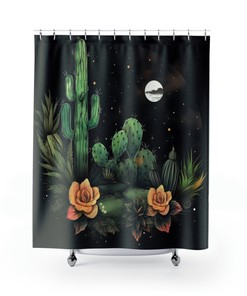 Dream Nighttime Magic with Moon Phase and Cactus Shower Curtain - Fairycore Aesthetic 