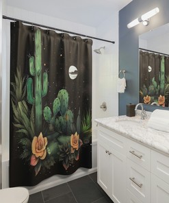 Dream Nighttime Magic with Moon Phase and Cactus Shower Curtain - Fairycore Aesthetic