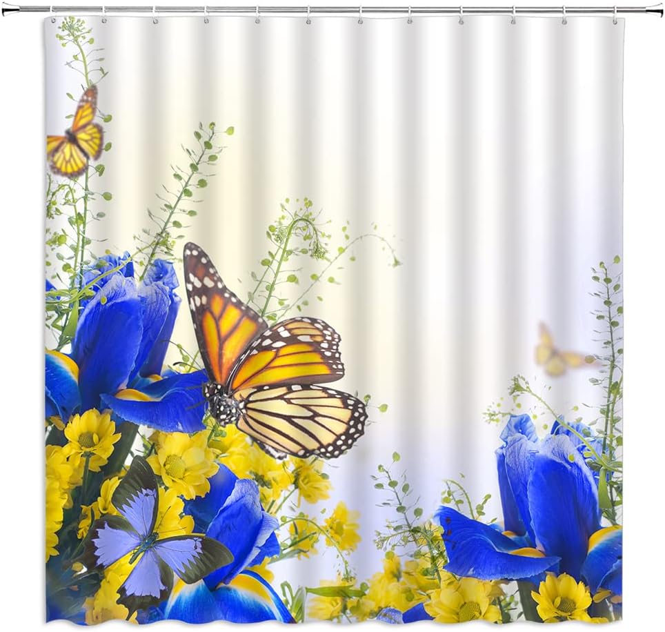 Dream Of Beautiful Scenery With A Flower Butterfly Shower Curtain With Blue Yellow Floral Butterflies