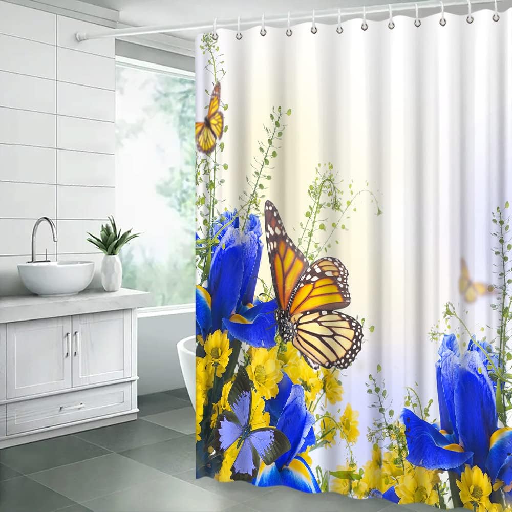 Dream Of Beautiful Scenery With A Flower Butterfly Shower Curtain With Blue Yellow Floral Butterflies