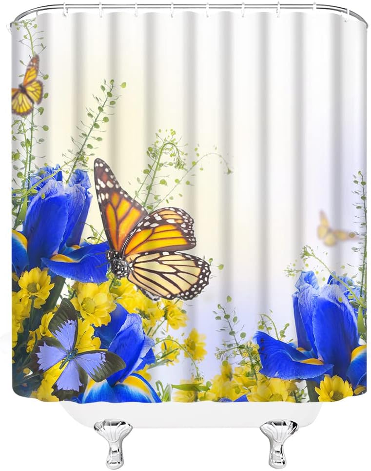 Dream Of Beautiful Scenery With A Flower Butterfly Shower Curtain With Blue Yellow Floral Butterflies