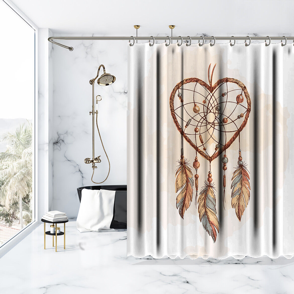 Dreamcatcher Feathers Heart Shape Shower Curtain For Spiritual Home Decor - Image 3