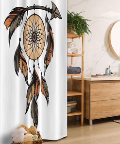 Dreamcatcher Feathers Image Ethnic Stall Shower Curtain - Charcoal Grey Pale Brown Cloth Fabric Bathroom Decors