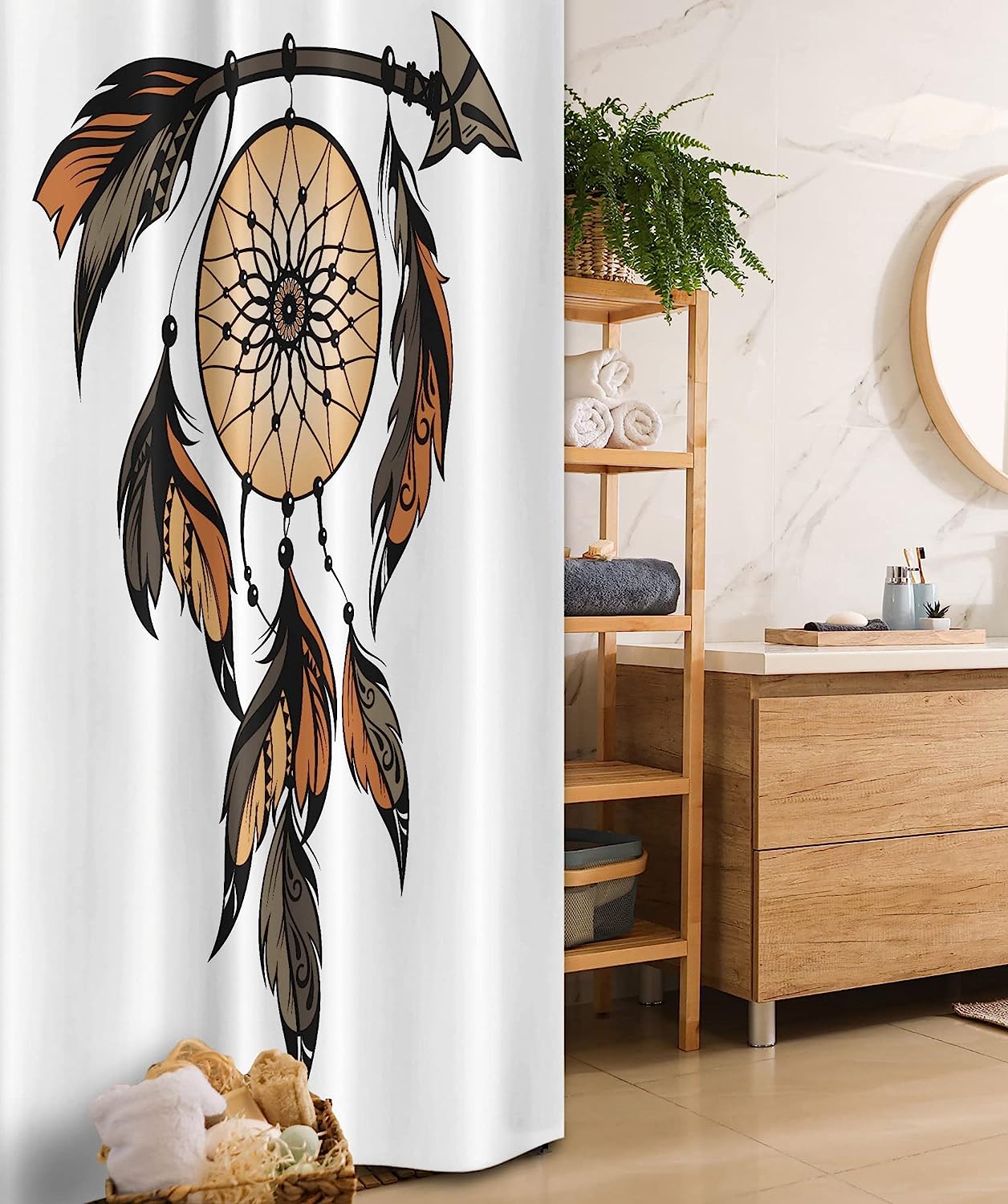 Dreamcatcher Feathers Image Ethnic Stall Shower Curtain - Charcoal Grey Pale Brown Cloth Fabric Bathroom Decors