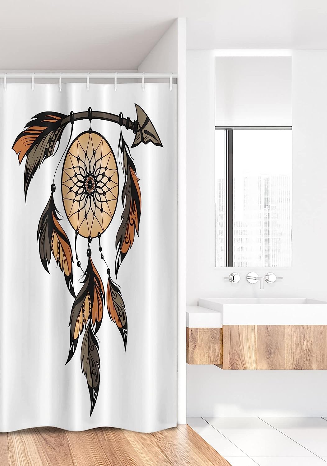 Dreamcatcher Feathers Image Ethnic Stall Shower Curtain - Charcoal Grey Pale Brown Cloth Fabric Bathroom Decors - Image 2