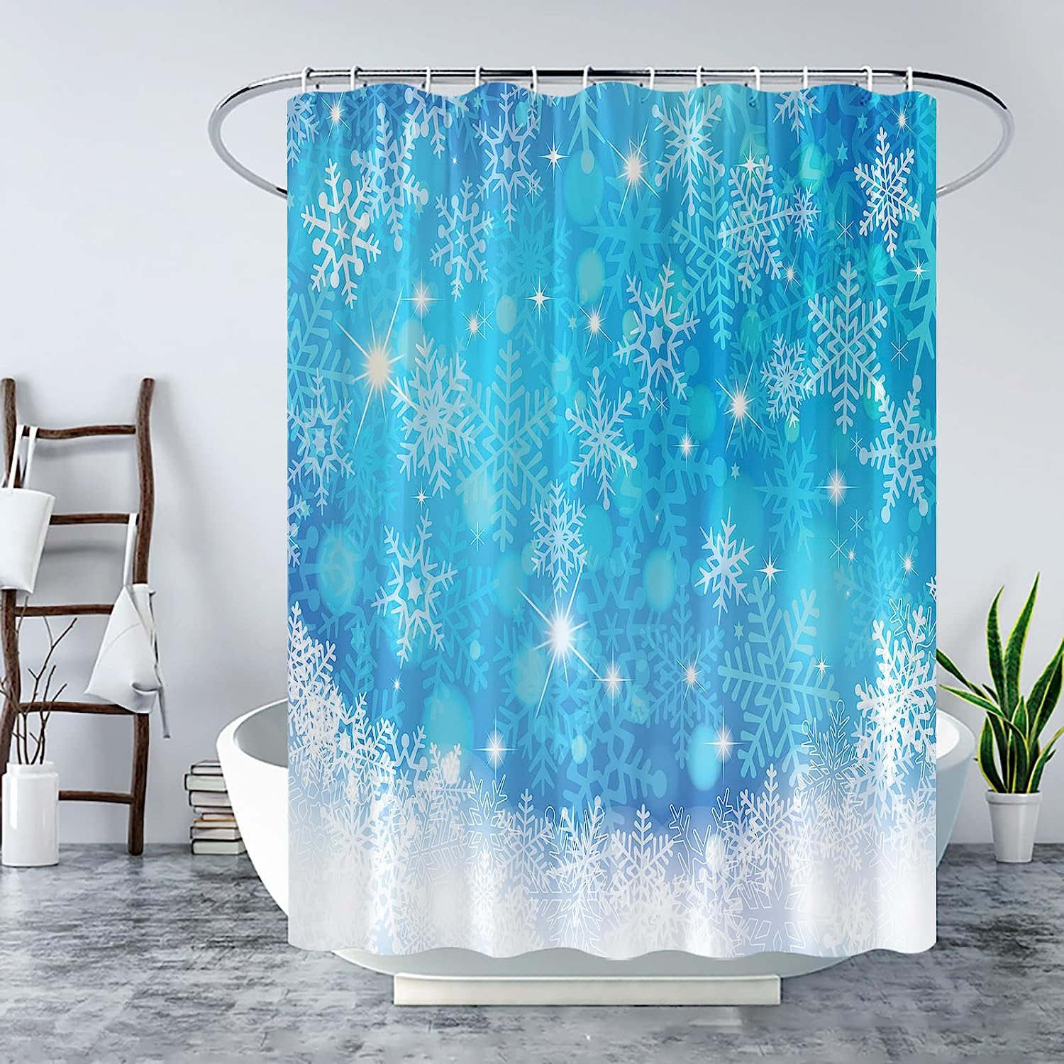 Dreamy Blue Snowflake Winter Christmas Shower Curtain With Abstract Geometric Design