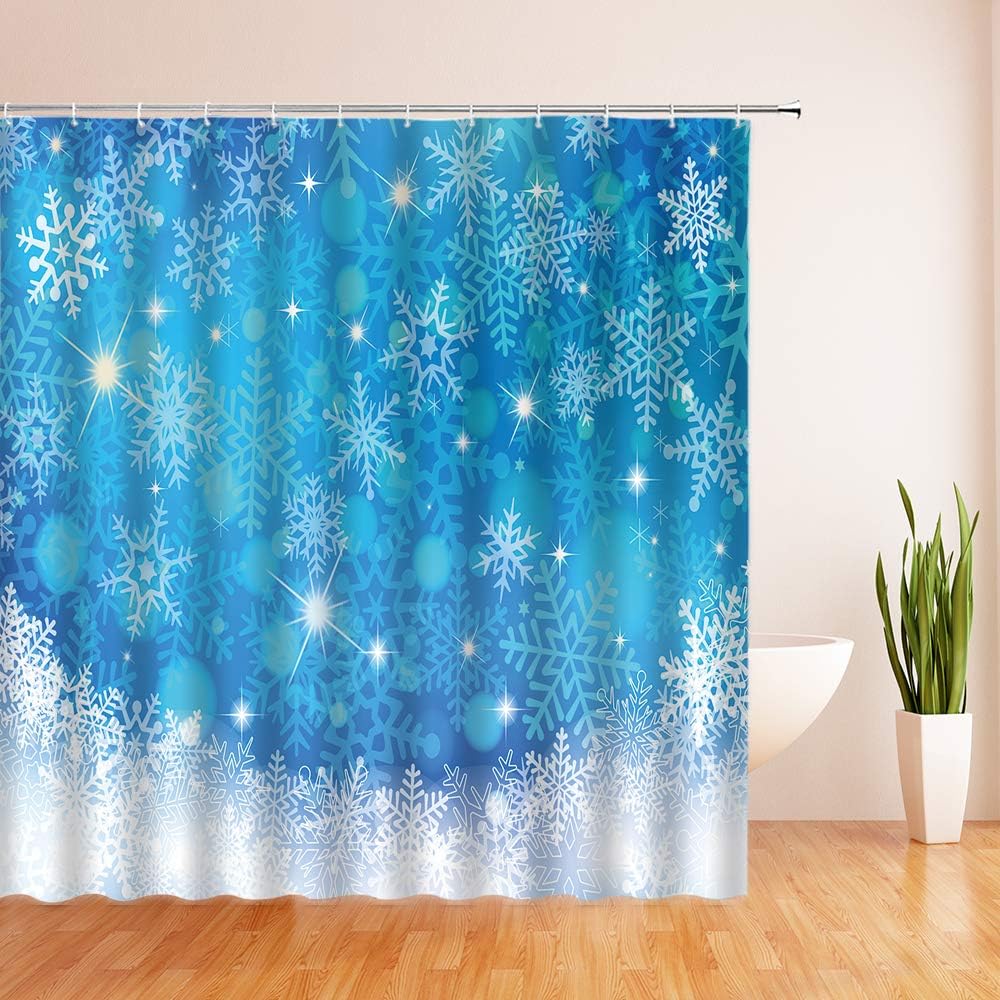 Dreamy Blue Snowflake Winter Christmas Shower Curtain With Abstract Geometric Design - Image 2