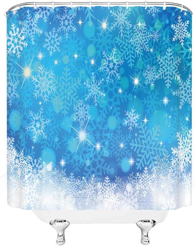 Dreamy Blue Snowflake Winter Christmas Shower Curtain With Abstract Geometric Design - Image 3