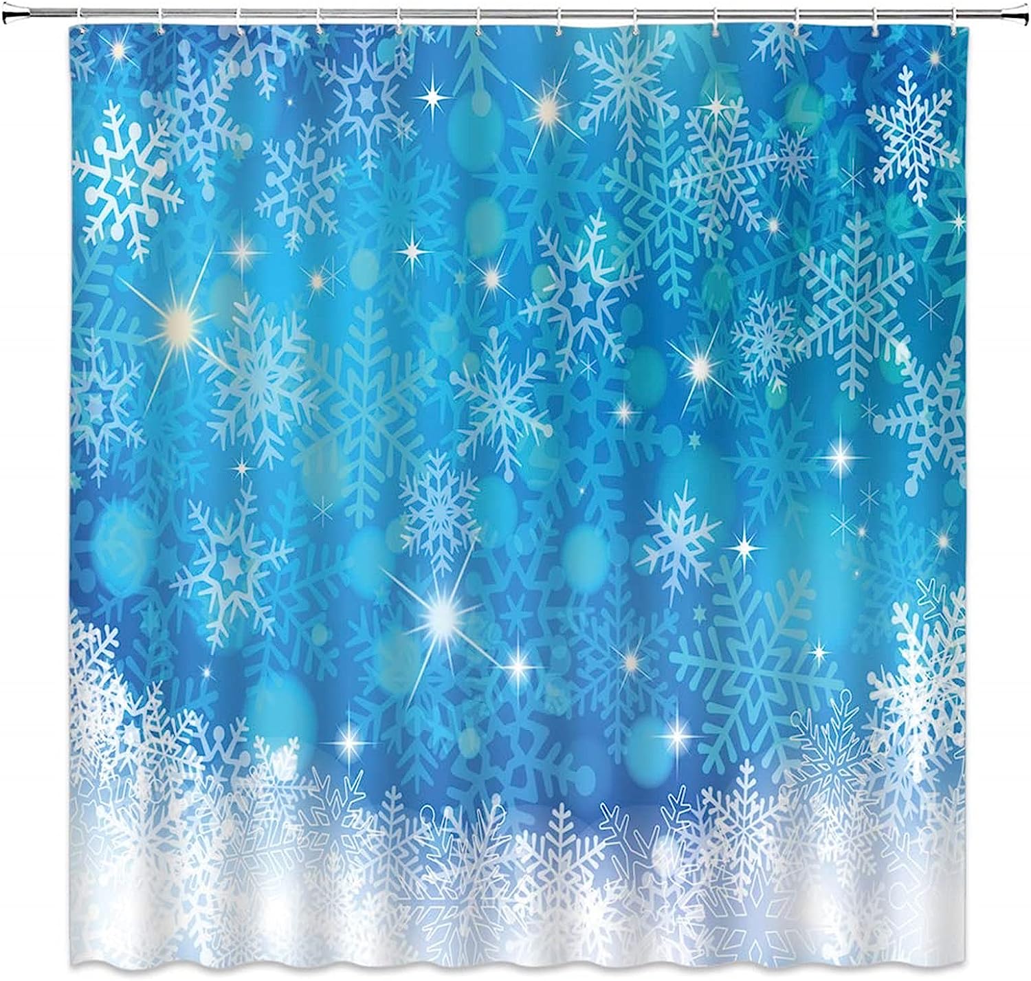 Dreamy Blue Snowflake Winter Christmas Shower Curtain With Abstract Geometric Design - Image 4
