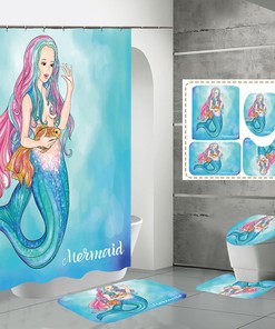 Dreamy Cartoon Mermaid Blue Waterproof Shower Curtain With Magical Ocean Design