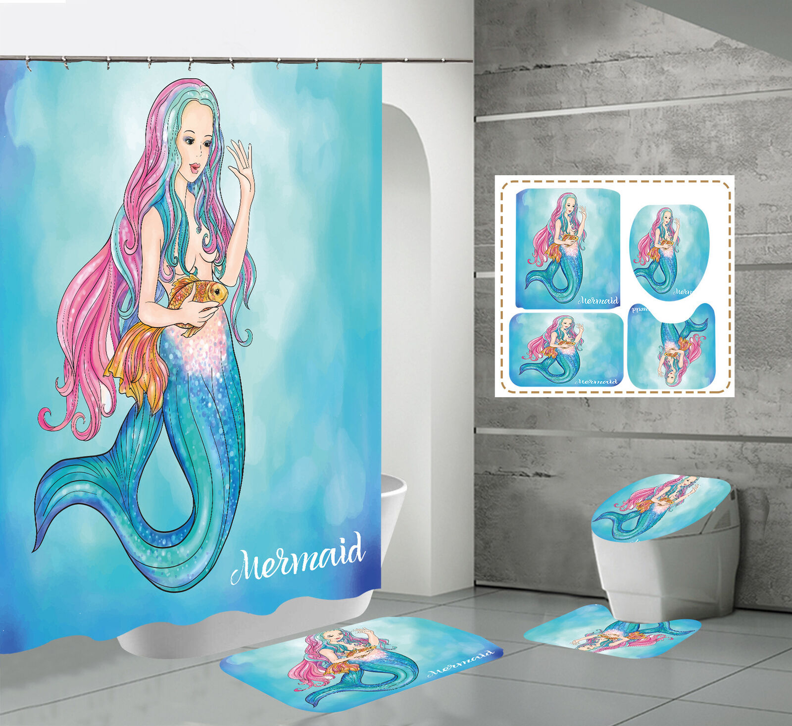 Dreamy Cartoon Mermaid Blue Waterproof Shower Curtain With Magical Ocean Design
