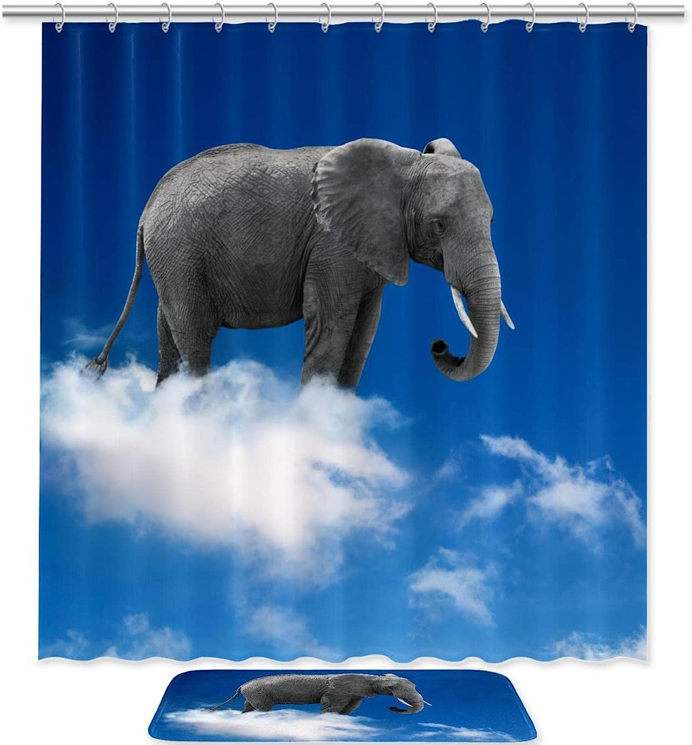 Dreamy Elephant On Clouds Clear Blue Sky Waterproof Shower Curtain For Your Bathroom