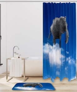 Dreamy Elephant On Clouds Clear Blue Sky Waterproof Shower Curtain For Your Bathroom