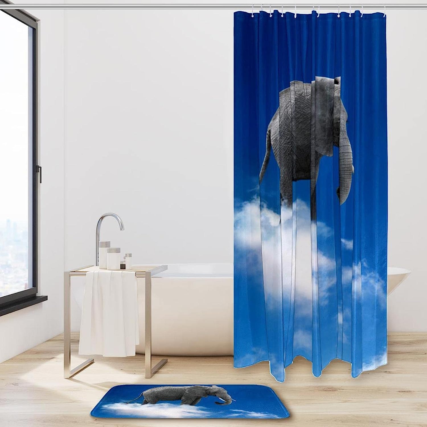 Dreamy Elephant On Clouds Clear Blue Sky Waterproof Shower Curtain For Your Bathroom