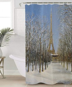 Dreamy Forest Snow Floating Eiffel Tower Printed Shower Curtain for Bathroom Decor