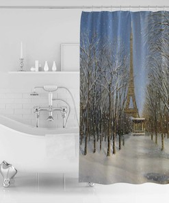 Dreamy Forest Snow Floating Eiffel Tower Printed Shower Curtain for Bathroom Decor